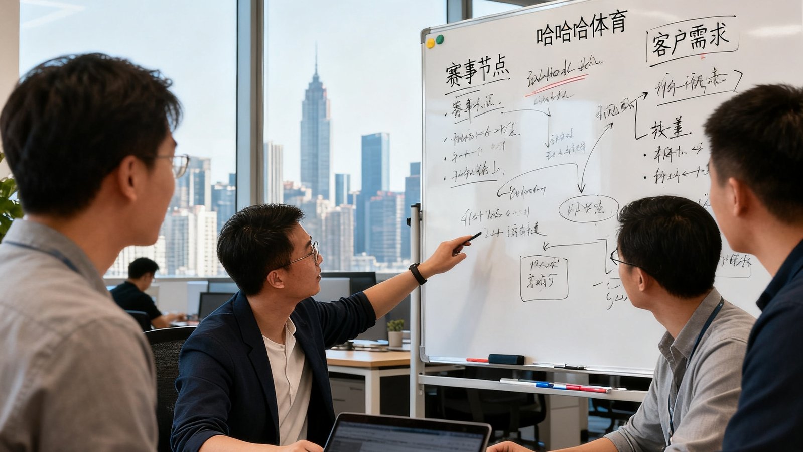 哈哈体育核心团队在开放式办公区热烈讨论项目方案，白板上密密麻麻记录着赛事节点与客户需求，窗外城市天际线清晰可见，展现团队实干精神与专业氛围。