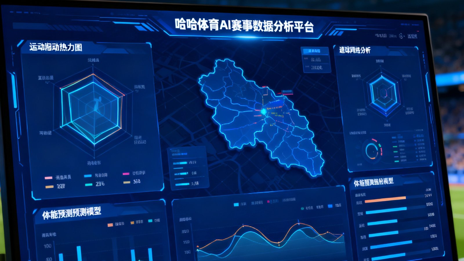 哈哈体育技术团队开发的AI赛事数据分析平台界面，屏幕展示实时运动员跑动热力图、传球网络分析和体能消耗预测模型，体现体育科技的深度应用。
