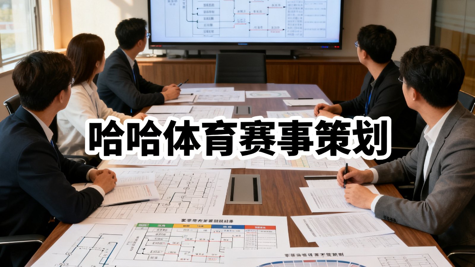 专业赛事策划团队在会议室中对着大屏幕讨论赛程编排方案，桌上铺满赛事流程图与场馆平面图，体现哈哈体育赛事策划的精细化管理。