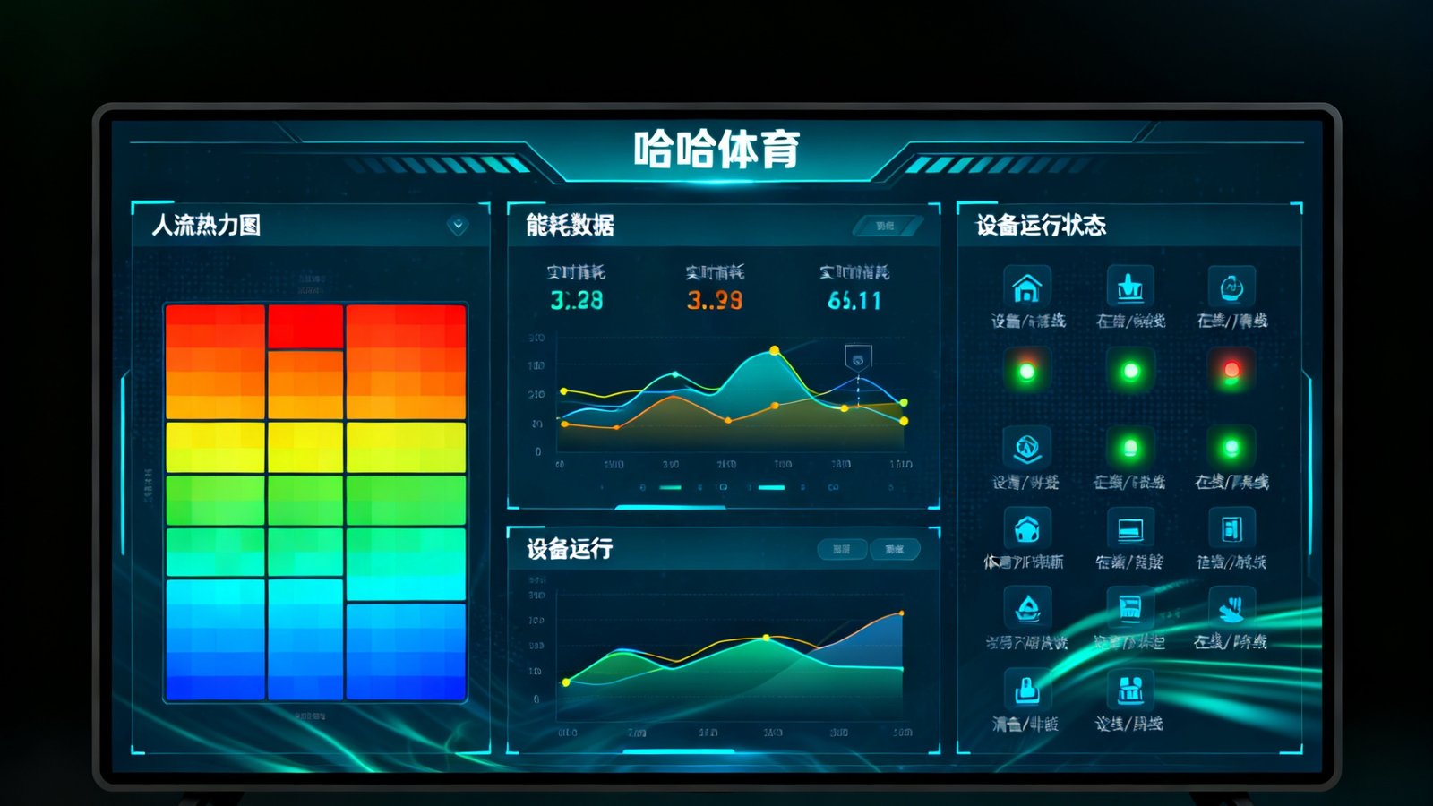 智慧场馆管理系统的数字化大屏界面展示，实时显示场馆人流热力图、能耗数据和设备运行状态，体现哈哈体育在体育科技领域的创新应用。