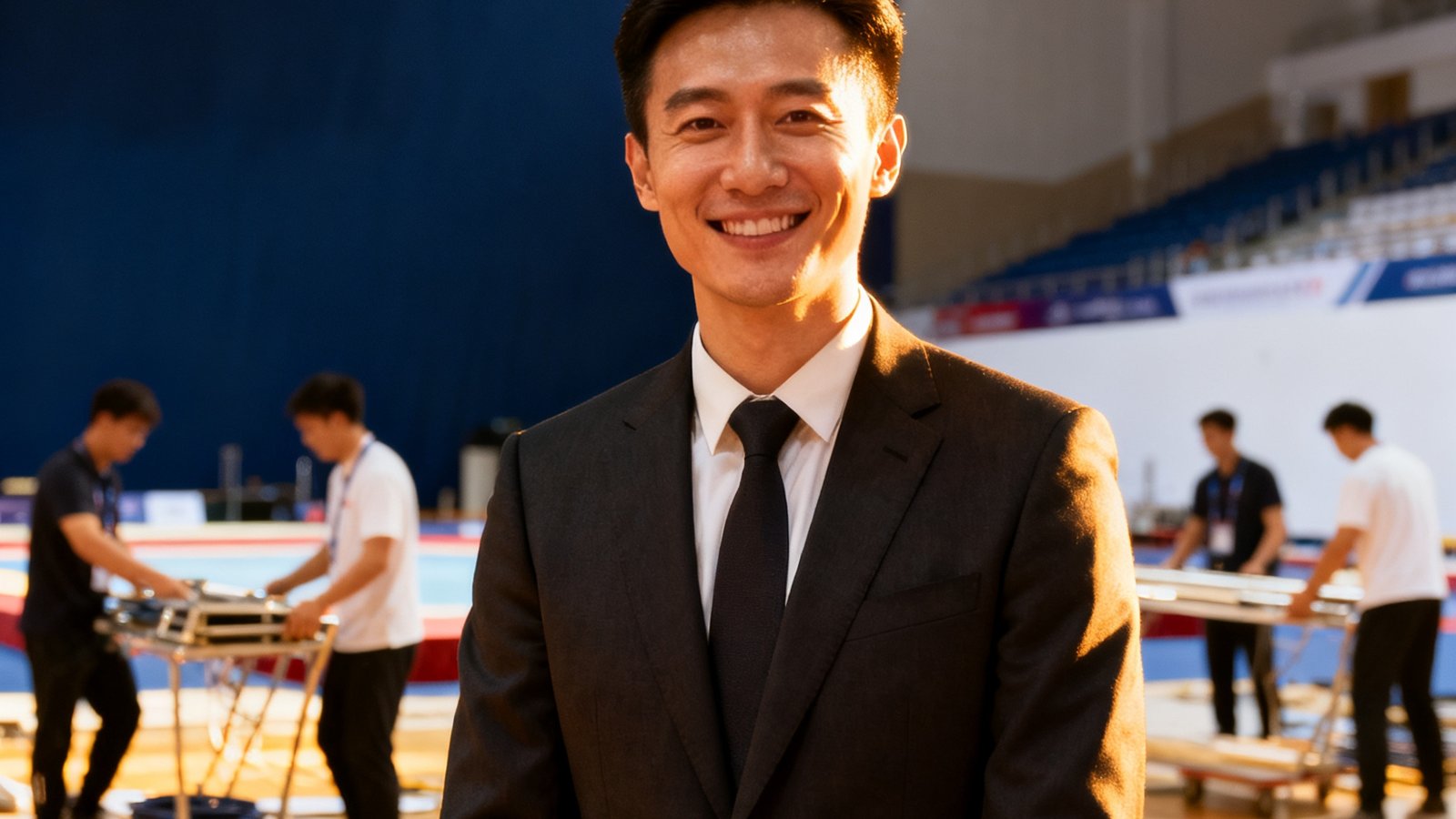 哈哈体育创始人陈远航的职场形象照，他身着深色西装站在体育馆中央，面带微笑，身后是正在布置中的赛事场地，展现其深耕体育行业的专业气质。