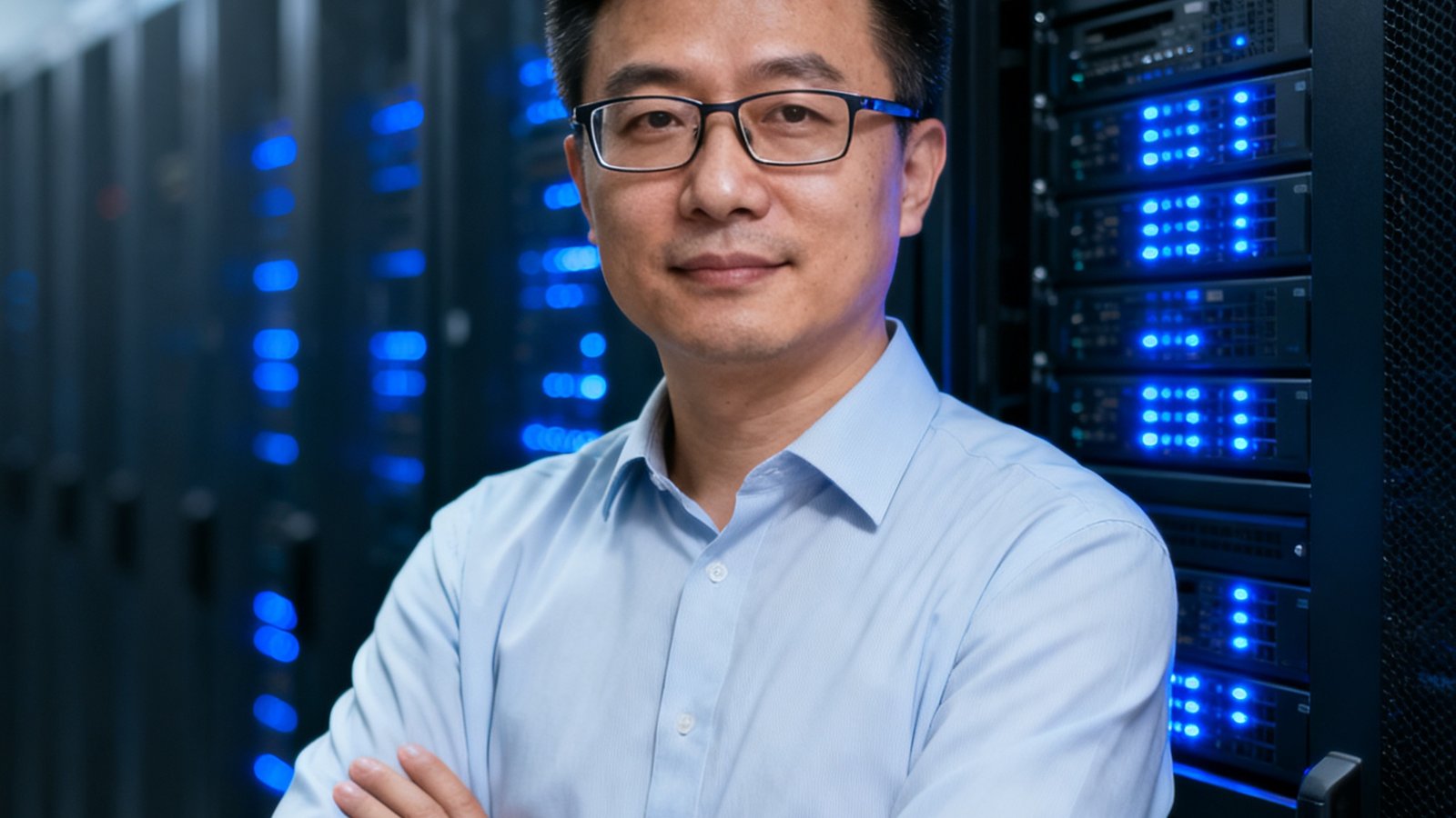 哈哈体育CTO周明辉的技术风格肖像，他戴着眼镜站在服务器机房前，手臂交叉，背景闪烁着蓝色数据指示灯，展现其技术专家的严谨形象。